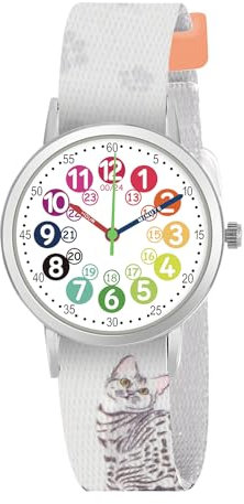 CHAOTECHY Kinderuhr für Mädchen und Jungens. Kleine Kinder Lernen die Zeit kennen und leicht zu lesen. Justierbares Nylon Armband, Analog Uhr für Jungens und Mädchen zwischen 4 bis 11 Jahren (Katze)