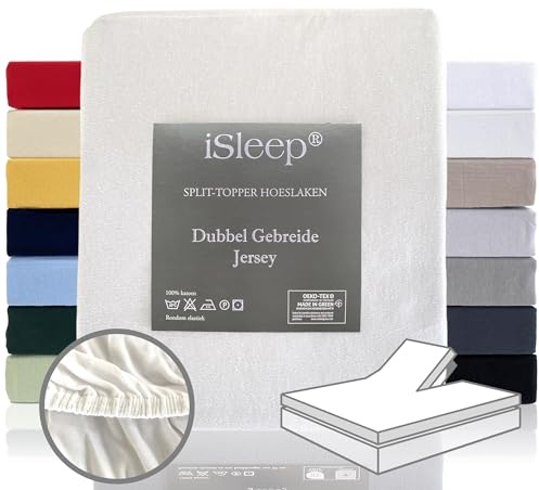 iSleep Split Topper Spannbettlaken doppelt gestrickt Jersey Combed Yarn 100% Baumwolle (Weiß, 160x200/210 cm)