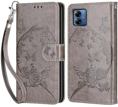 KENHONER Handyhülle für Motorola Moto G14 Hülle, Grau Blumen | PU Leder Flip, Klappbar, Stoßfest, Magnetisch, Standfunktion, Kartenfächer, Retro Design, Handgelenkband