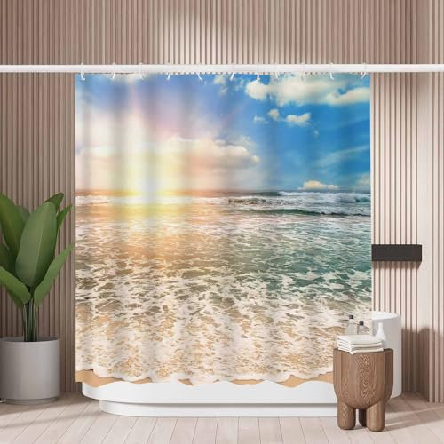 Woutay Shower Curtain Mould Proof Resistant Beautiful Sunrise over The Sea,Water Repellant Fabric,Polyester,with 12 Plastic Hooks,Size 180x180CM