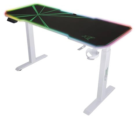 24unseremoebel Gaming Schreibtisch E-Talisman 140x60cm, Höhenverstellbar 70-118cm, Blattpodest mit LED-Beleuchtung, Ergonomisches Design, Stabile Konstruktion, Kopfhörerhaken, Becherhalter, weiß grün