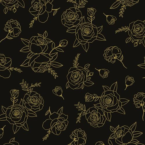 Fvlow Gold Rose Peel and Stick Wallpaper Vintage Black Floral Vinyl Wrap Kitchen Worktop Covering Vinyl Self Adhesive Thick Leaf Wallpaper for Bedroom Furniture Sticker Décor 44.5cmx300cm