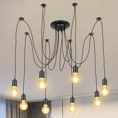 Lightess Pendelleuchte 8 Flammig Industrie Spinnen Kronleuchter Vintage Schwarz E27 Pendelleuchte Hängeleuchte für Küche Wohnzimmer Schlafzimmer (8-Schwarz, 1)