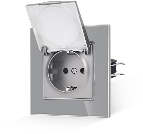 JIMEIDA Steckdose Glas Grau Mit Wasserdichter Abdeckung Mit Haken 16 Amp Schuko Steckdose Gehärteter Glasscheibe Wandsteckdose 86 * 86mm