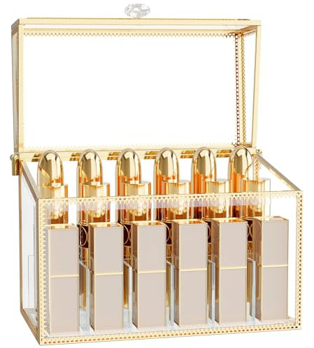 CoralHouse Organizer per rossetti, lussuoso porta rossetto e smalto in vetro temperato, 18 scomparti, organizer per cosmetici con divisori rimovibili, oro