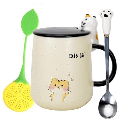 XinHuiGY Ceramic Coffee Mug,Cute Cat Tea Cups, with Lid and Stainless Steel Spoon,Hot Chocolate Novelty Handmade Mugs, Christmas, Birthday Gift for Girls Women
