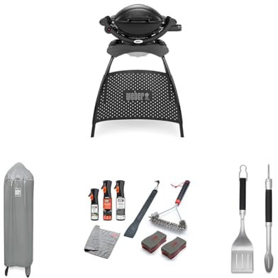 Weber Q1000 Barbecue a Gas, Nero, 50010353 + Coperchio per griglia, adatto a Q 100/1000 e 200/2000, 7177 + Set di Pulizia per Q&Pulse, 18286 + Kit 2 Accessori Precision, 6763