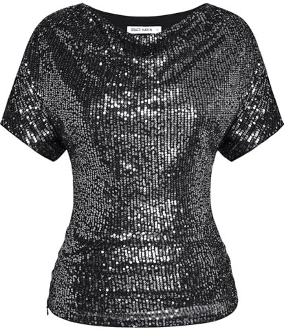Damen Elegantes Pailletten T-Shirt für Party Kurzarm Glitzer Falten Party Pailletten Oberteil Schwarz-Silber XL