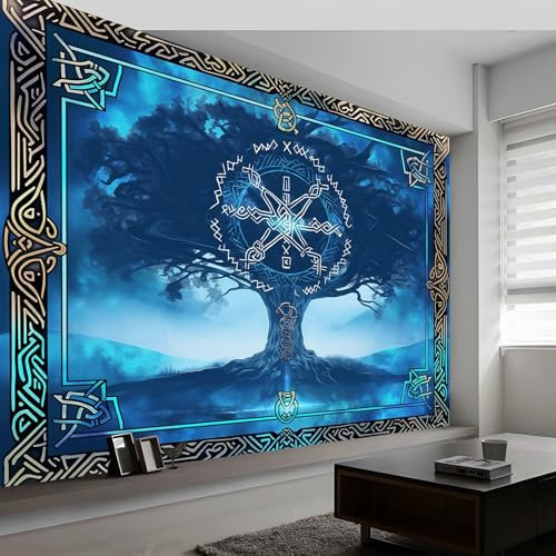 3D Tapete Wikinger-Rune & Lebensbaum Fototapete, Blau Wandbild Wandtapete Haupt dekorationen für Wohnzimmer Schlafzimmer Büro, Flur, 350 x 256 cm (WxH) Vlies Tapete Wanddeko