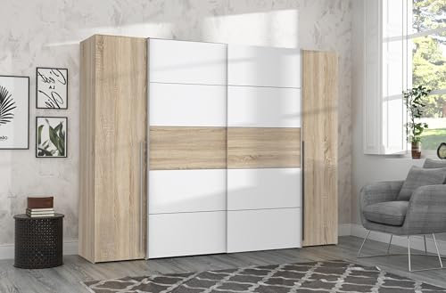 möbelando Dreh-/Schwebetürenschrank >Narago< mit Inneneinteilung, in Sonoma Eiche Dekor/Weiss - 270,3x210,5x61,2cm (BxHxT)