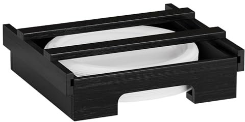 Paper Plate Dispenser, Paper Plate Dispenser Under Cabinet, 10 Inch White Paper PlateBamboo Storage Holder, Hanging Paper Plate Storage with Screws and Adhesive for Kitchen Countertop Tidy, Black