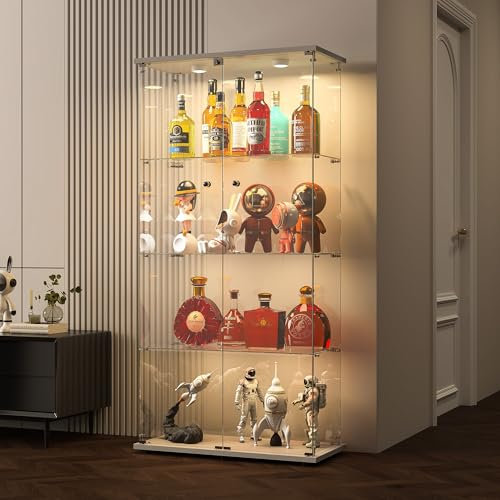 BPKADHY Glasvitrine Standvitrine,4 Lagen Glas Holz Vitrine Sammlervitrine Vitrinenschrank,2 Tür mit LED Und Schloss Glasvitrine Stehend Für Wohnzimmer Schlafzimmer Büro Weiß Standregal aus Glas