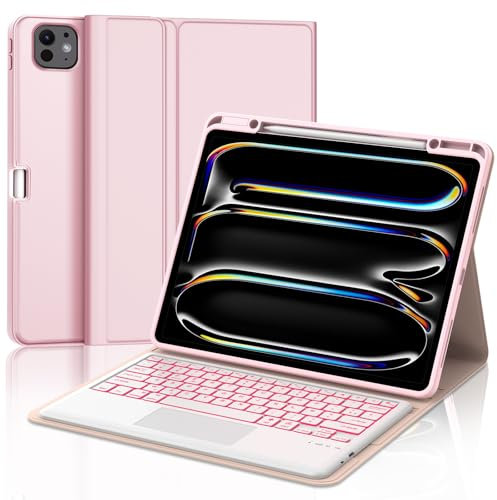 Clavier pour iPad Pro 6 ème - Coque Clavier pour iPad Pro 12,9 Pouces (6ème / 5ème / 4ème / 3ème), Trackpad Multi-Touch,Rétroéclairage 7 Couleurs, AZERTY, (Rose)