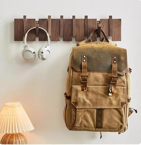 Sonhomay Porte-manteau mural rabattable en bois naturel avec 8 crochets pour manteaux, clés, sacs, vêtements, entrée, salle de bain, chambre à coucher, cuisine, 55,9 x 12,7 x 3,6 cm
