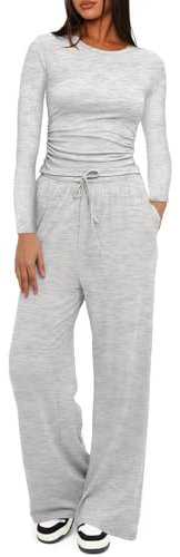 KOEMCY Tuta Donna 2 Pezzi Manica Lunga e Pantaloni Tute con Tasche e Coulisse Moda Sportiva da Jogging Casual Elegante Set per la Casa Fitness (Grigio chiaro/M)