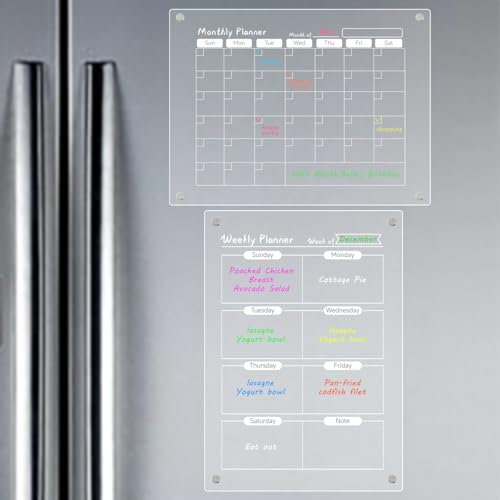 COSHEHKG 2Pcs Monthly & Vertical Weekly Planner, Magnetic Acrylic Calendar for Fridge, 40x30cm for Meal Planner Notice Board Planning Boards