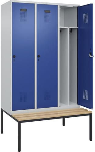 kaiserkraft | Schwarz-Weiß-Spind Evolo Plus Sitzbank | schmal | 3 Abteile | Trennwand verkürzt | lichtgrau/enzianblau | B 1200 mm | Sicherheits-Drehriegel | mit untergebauter Sitzbank | Buche