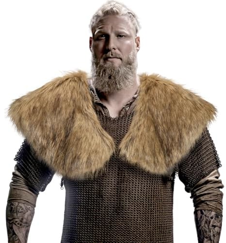 Capaneus Viking Kunstfell Kragen, Wikinger Fell Schal, Mittelalter Umhang Pelz Herren, Wikinger Kostüm Accessoire für Halloween Karneval Cosplay Thema Party