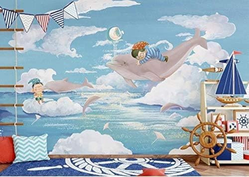 XLMING Cartoon Hand-Painted Navy Dolphin Children's Room 3D Wallpaper Home Dining Room Sofa Bedroom Living Room TV Backdrop-430cm×300cm