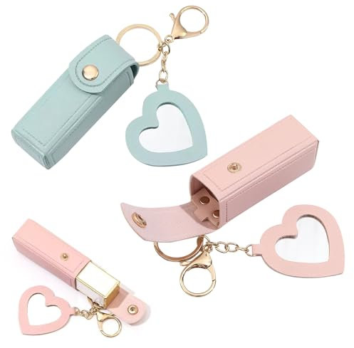 Green and Pink PU Leather Keychain Lipstick Case and Lip Balm Holder with Non-Slip Mirror