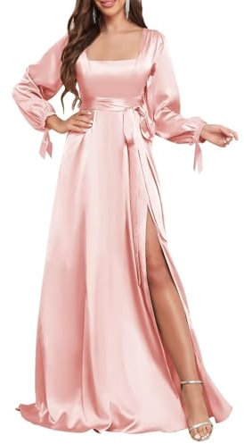 HPPEE Blush Pink Bridesmaid Dresses with Long Sleeve Satin Prom Gown with Slit Floor Length Formal Evening Dress UK14