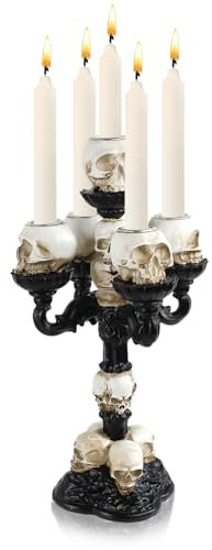 Kerzenständer Totenkopf, SHAIDOJIO Hallowee Schwarz Kerzenständer mit 5-Arme, Gothic Harz Statue Kerzenhalter, Totenkopf Kerzenhalter Schwarz für Familie Küche Tisch Schlafzimmer Wohnzimmer