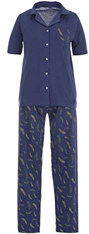 Zeitlos Pyjama Set Damen Kurzarm Knöpfe Kragen Feder