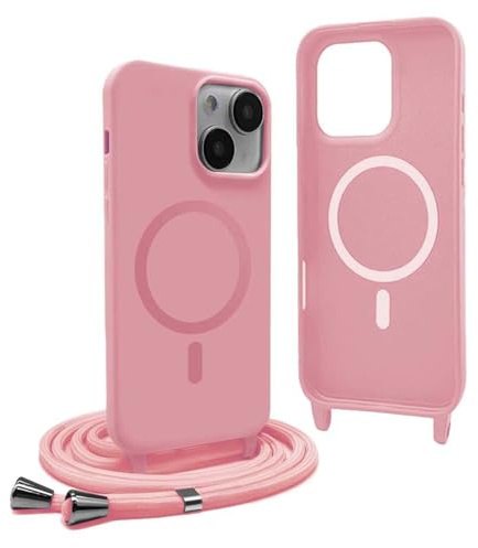 YFSYLL Funda Magnética para iPhone 15 Plus con Cuerda, Compatible con MagSafe,Carcasa Silicona Case,Carga Inalámbrica,con Correa Colgante Ajustable Collar Cordón - Rosa