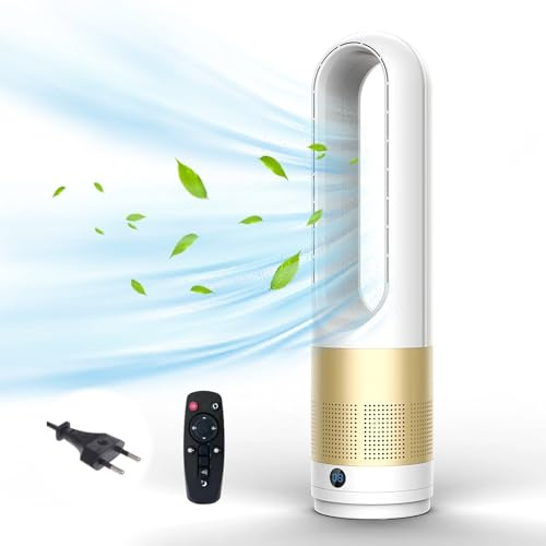 Rotorloser Ventilator,2in1 Turmventilator sehr Leise & Luftreiniger mit HEPA, 8 Geschwindigkeiten,80° Oszillation,Timer, Großes LED-Anzeige,Ventilator mit Fernbedienung für Schlafzimmer Büro (Goldene)