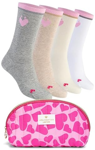 Lieblingsstück Socken Regular Damen - Geschenkox - Kulturtasche - 4 Paar | Crew Socken aus Baumwolle mit Glitzerbund - bequeme Strümpfe - Herz-Motiv - mit Geschenkbox oder Kulturtasche