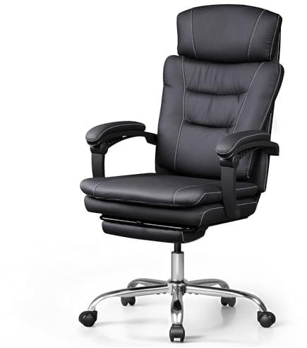 DEVAISE Chefsesse PU Leder, Bürostuhl Ergonomisch mit Fußstütze und Lendenwirbelstütze, Wippfunktion und Winkelverriegelung, Hohe Rückenlehne, Höhenverstellbar, Liegestuhl für Büro, Schwarz, Bis 200kg