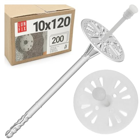 Lun Fix Chevilles d'isolation 10 x 120 mm (200 pièces) – Chevilles à disque, chevilles à percussion WDVS pour polystyrène EPS, chevilles d'isolation pour isolation de façade, chevilles en plastique
