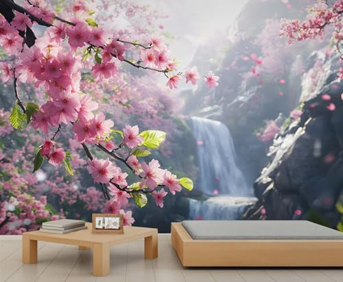GIVLWF Wallpaper - Spring Landscape Home Decor& Large Mural, Floral Waterfall Wallpaper for Living Room, Bedroom Wall Paper, Not Self Adhesive Wall Mural, Natural Cherry Blossoms