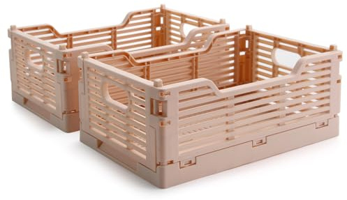 Vivikivi 2-Pack Collapsible Crates Storage Boxes, 22x15x9cm, Pink | Stackable Plastic Foldable Storage Boxes Baskets, Space-Saving Foldable Crate for Home Classroom Office Kitchen Bedroom