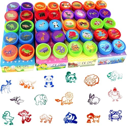 40 Stück Selbstfärbende Stempel Set, Mehrfarbige Tiere Stempelset, Niedliche Spielzeugstempel aus Plastik, für Klassenzimmer Belohnungen, Party Taschenfüller, Partygeschenk