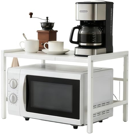 Brstheco Support pour Micro Onde, Étagère Extensible pour Micro-Ondes,Organisateur de Cuisine À Deux Niveaux Économiseur d'Espace, Facile à Installer Compatible avec Micro-Ondes, Hornos(Blanc)
