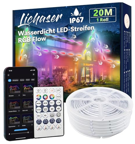 Lichaser 19m Outdoor RGB+IC LED Strip Wasserdicht Verfolgen IP67, DIY, Segmentieren von LED-Streifen mit BT App und 2.4G RF Fernbedienung für den Außenbereich