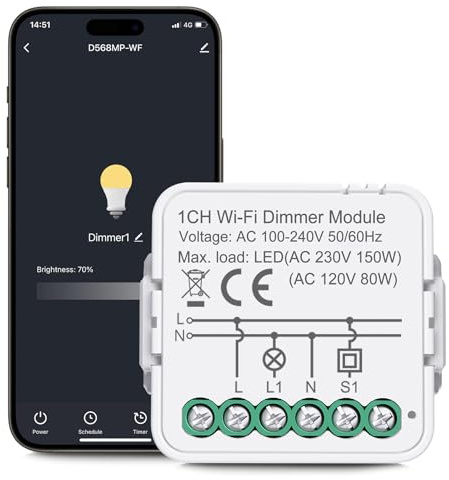Led dimmer Schalter 230V, 2.4G Wlan Unterputz Dimmschalter, Lichtschalter Dimmbar, Dimmer für led lampen,Dimmer Smart Lichtschalter Kompatibel mit Alexa,Google,Smart Life, Neutralleiter Erforderlich