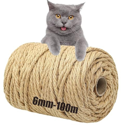 6 mm x 100m Corde en Sisal Naturel pour Réparation Griffoirs et Projets DIY | Fibre naturelle, Fibre tressée, Résistante, Réparation d'arbre à chat, DIY, Jardin, Bricolage, Facile à couper