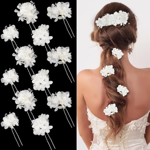 Liziyi 12 Pcs Hydrangeas Hair Pins for Wedding Bridal Shower Dried White Flower Accessories Hair Pins with Pearl for Brides Bridesmaid Women Girls