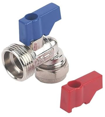 Compression Angled Washing Machine Valve Elbow 15MM X 3/4, Brass, Steel and Plastic Construction with Blue or red levers. Includes Handles. Suitable for Water, 1 in Pack