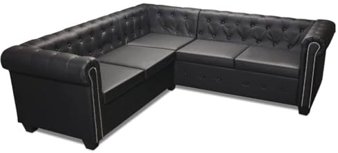 QJBSAVVA Chesterfield Ecksofa 5-Sitzer aus Kunstleder in Schwarz, Elegante L-Form Couch mit Holzgestell für Wohnzimmer und Büro, Robuste Eckcouch, 205 x 205 x 73 cm