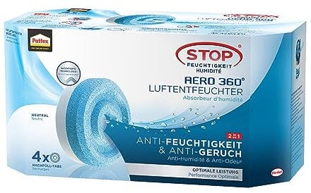 Pattex AERO 360° Neutral Tabs Nachfüllpack, reduzieren Feuchtigkeit und schlechte Gerüche, Nachfülltabs für den Luftentfeuchter AERO 360°, 4er-Pack (4x450g)