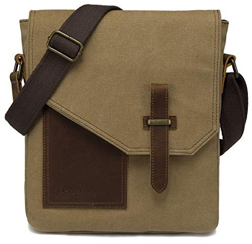 VASCHY Klein Umhängetasche Herren, Vintage Leinwand Herrentasche Echtes Leder Schultertasche Klassische Kuriertasche Crossbody für Arbeit, Schule, Alltag Khaki