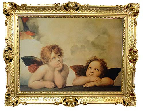 Lnxp Die Engel der Sixtina Sixtinische Madonna Raffaels Raffaello 90x70 cm Antik Barock Rahmen Wandbild 70x90cm Religiöse Bilder Kunst von Heiligen Heiligenbild Repro für Home Büro Praxis Café 58B