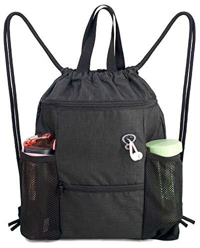 BeeGreen Drawstring-Gym-Bag for Men&Women Black Sport String Backpack with Water Bottle Mesh Pockets&Front Zippered Pocket