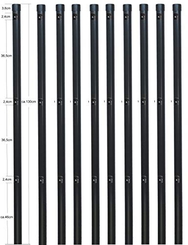 EXCOLO 10er-Set Metall-Zaunpfosten Ø34 mm, 1,3 m, pulverbeschichtet anthrazit RAL 7016, inkl. 3 Spanndrahthalter & Pfostenkappe, zum Einbetonieren – für Maschendrahtzaun bis 80 cm Höhe