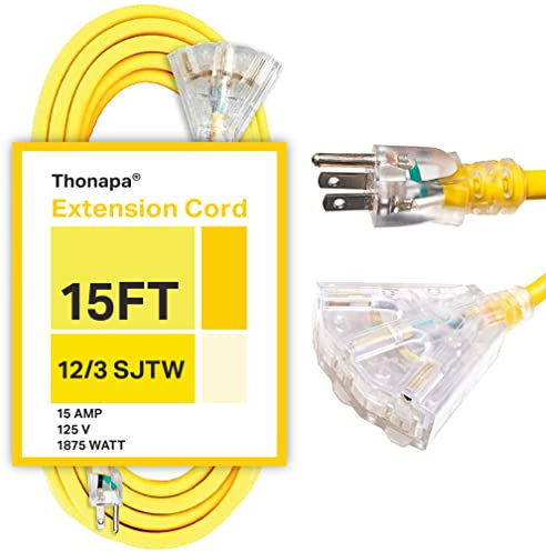 Thonapa Verlängerungskabel für den Außenbereich mit 3 Steckdosen, 0,6 m, 12 Gauge, 15 A, robustes Verlängerungskabel, SJTW, ideal für Hauptgeräte