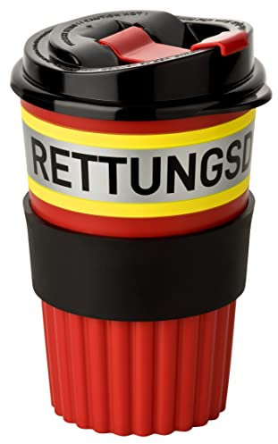 PACOTEX RETTUNGSDIENST To-Go Coffee Becher rot mit gelb-silber-gelb Streifen in Rettungsdienstoptik, 350ml, mit griffiger Softmanchette