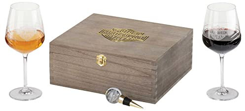 Harley-Davidson Coffret cadeau de qualité supérieure avec 2 verres à vin, bouchon et boîte de rangement